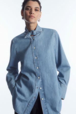 COS Tie-Neck Dagger-Collar Denim Shirt Women's Shirts & Blouses Light Blue | OU57-V2PL