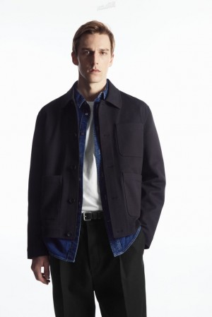 COS Twill Utility Jacket Men's Coats & Jackets Navy | JH27-I1MG