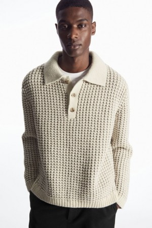 COS Two-Tone Waffle-Knit Polo Shirt Men's Sweaters & Cardigans Cream | VK19-J8IF