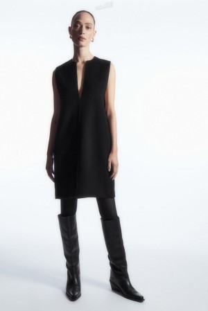 COS V-Neck Double-Faced Wool Dress Women's Dresses Black | AG75-A1VJ