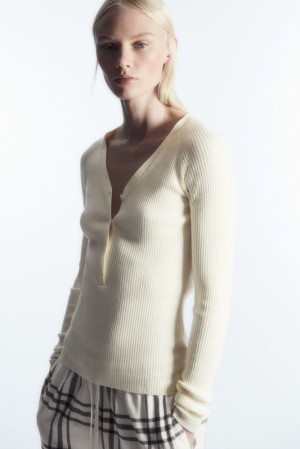 COS V-Neck Ribbed Wool Henley Top Women's Tops Cream | IV46-K2AG