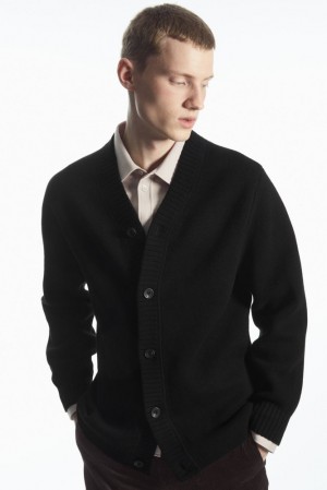 COS V-Neck Wool-Blend Cardigan Men's Sweaters & Cardigans Black | QK89-Z9WI