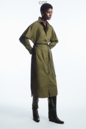 COS Waisted Midi Shirt Dress Women's Dresses Khaki Green | LJ12-T6NW