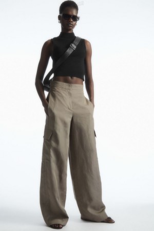 COS Wide-Leg Linen-Blend Cargo Pants Women's Pants Stone | KZ26-T1FJ