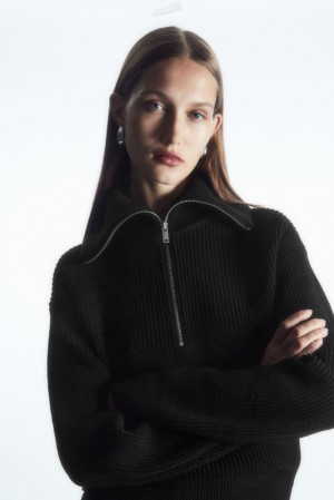 COS Wool And Cotton Half-Zip Sweater Women's Sweaters & Cardigans Black | YT89-S5BE