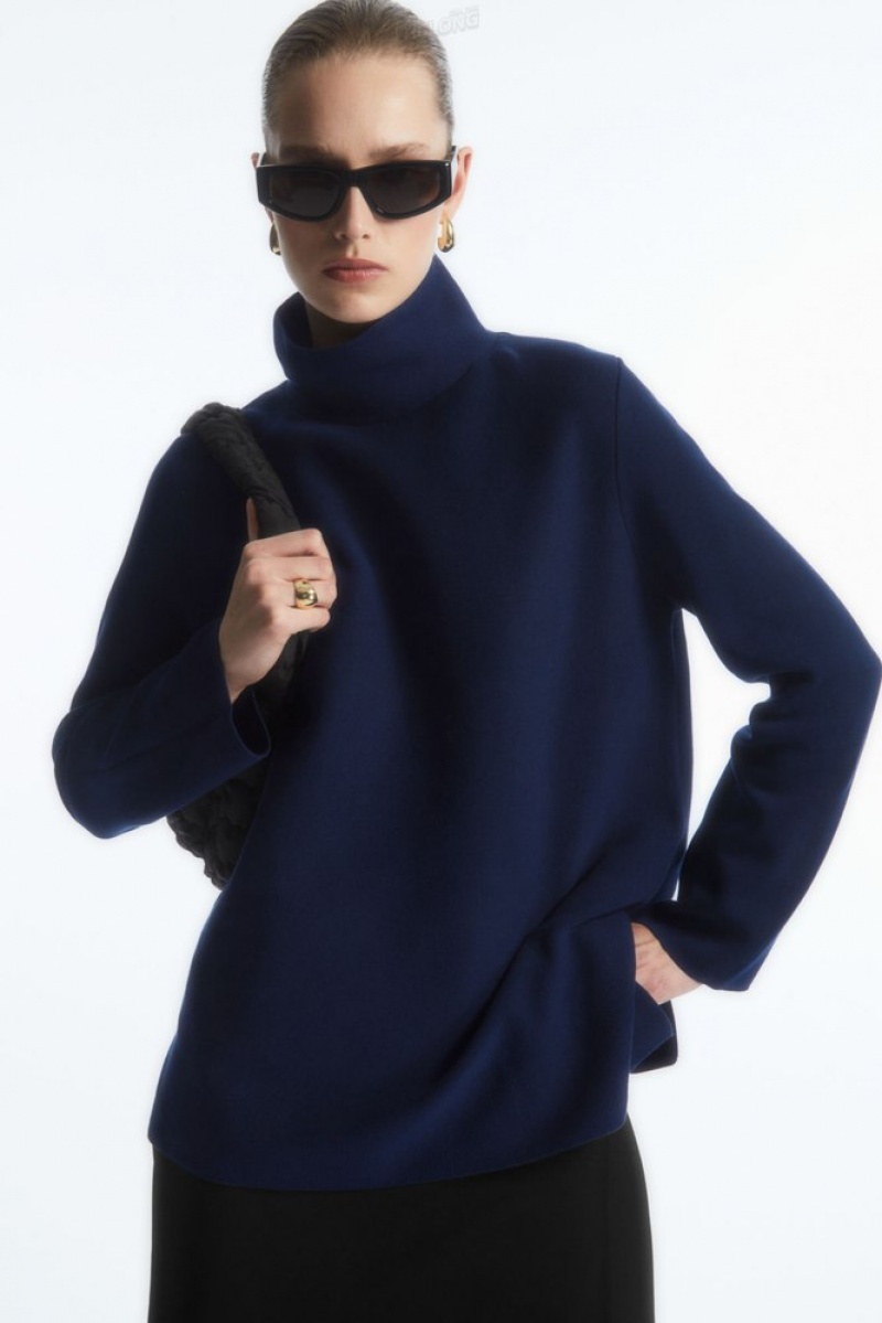 COS A-Line Funnel-Neck Top Women\'s Tops Navy | JF89-L1YE