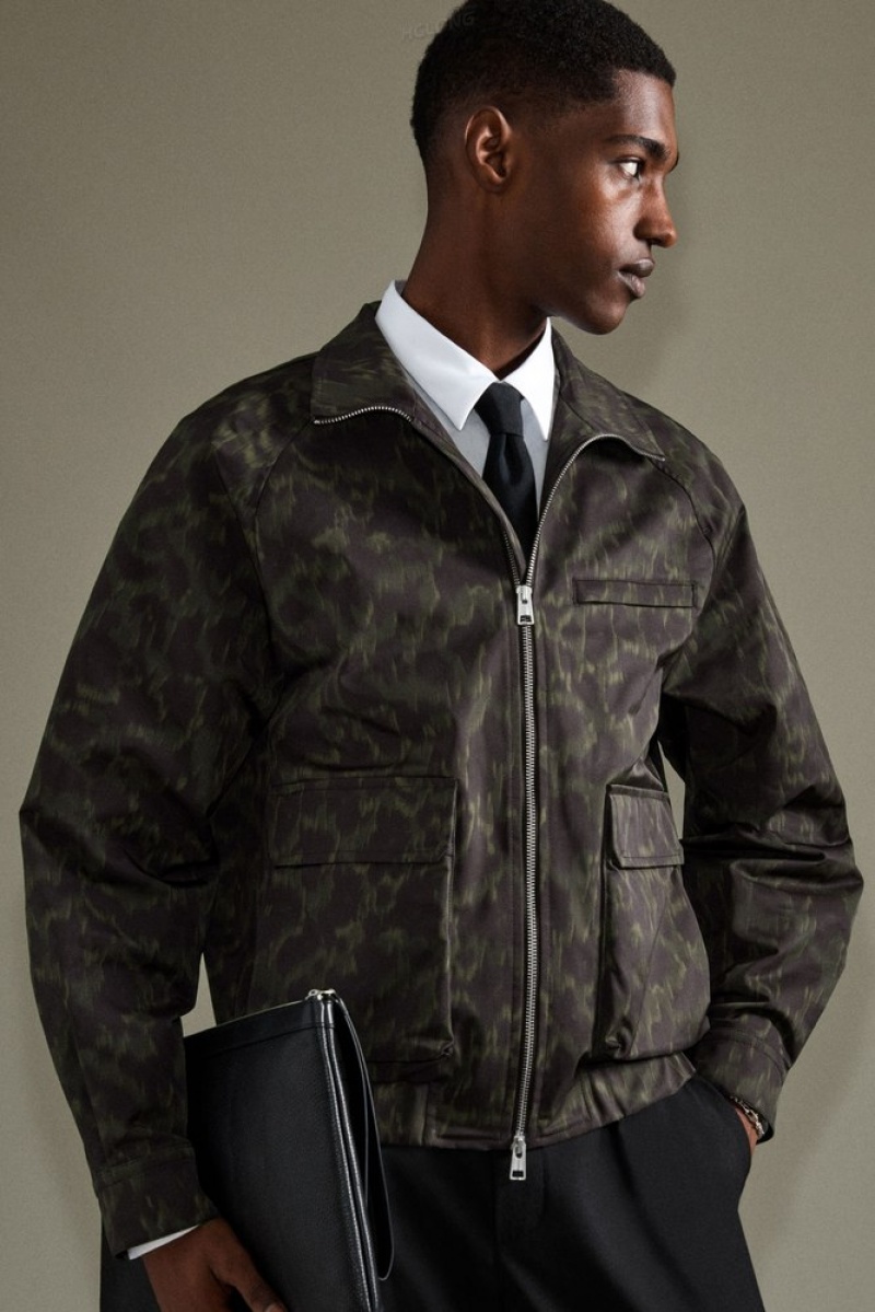 COS Animal-Print Harrington Jacket Men's Coats & Jackets Khaki / Brown | XC81-F0TB