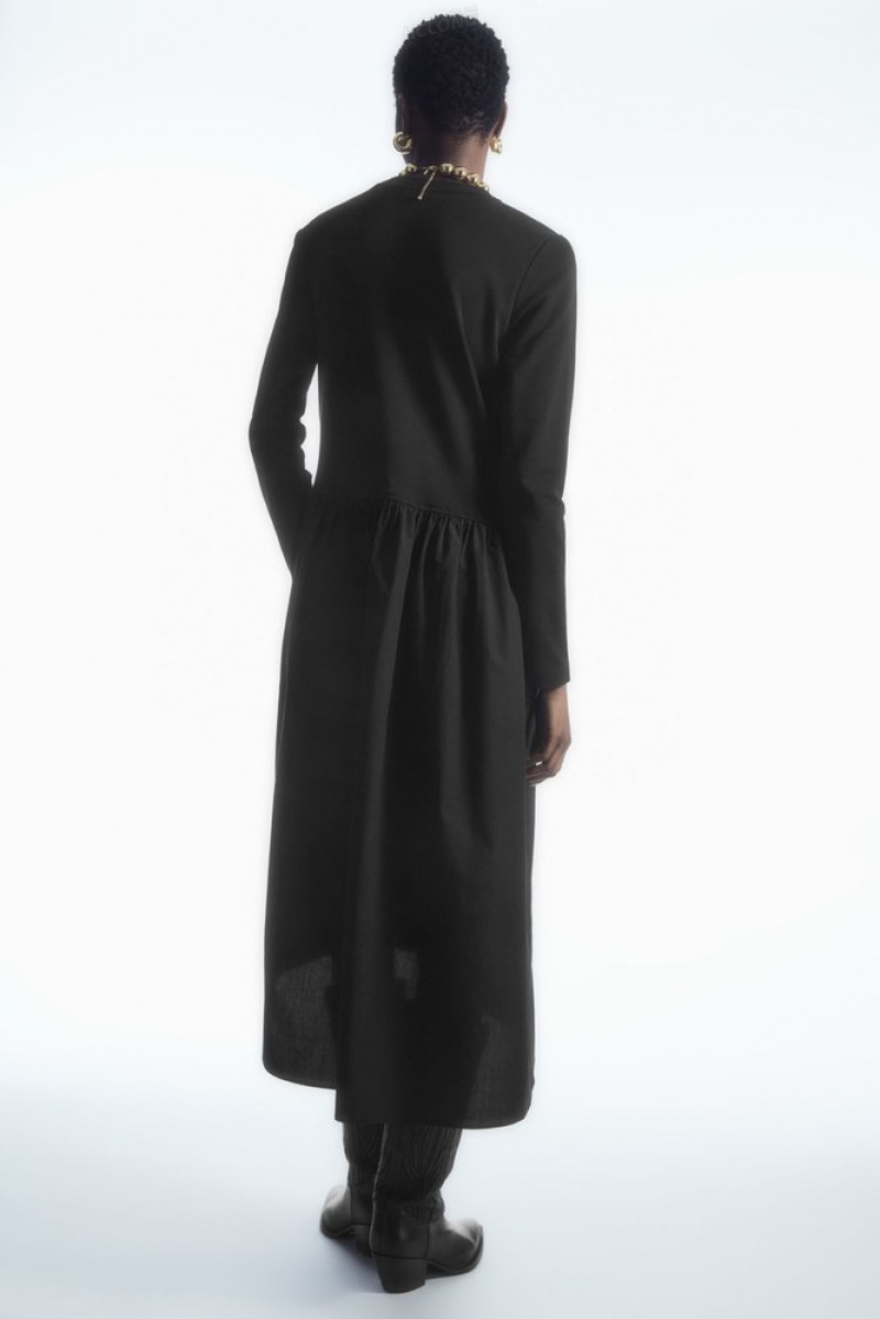 COS Asymmetric Gathered-Waist Midi Dress Women's Dresses Black | II13-C3KO