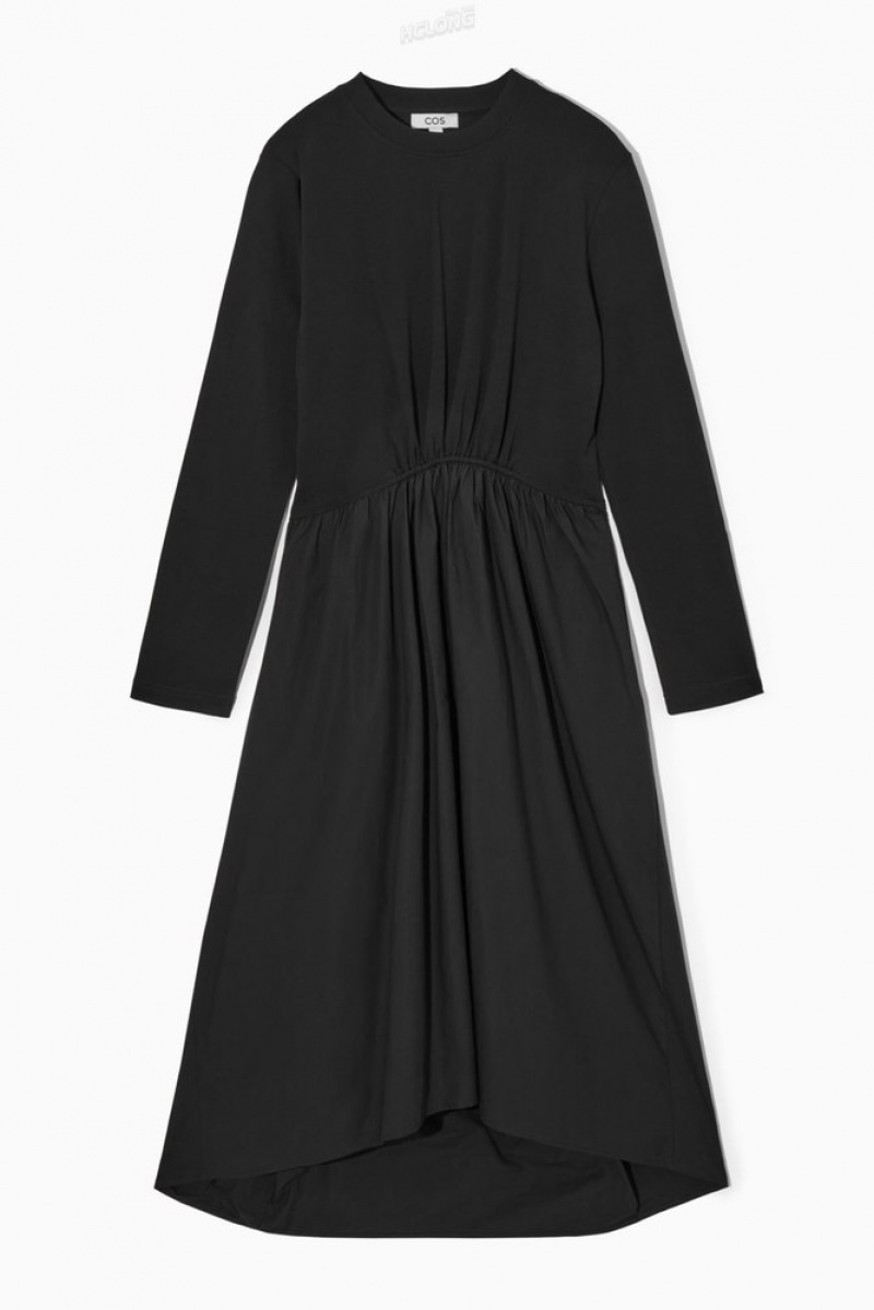 COS Asymmetric Gathered-Waist Midi Dress Women's Dresses Black | II13-C3KO