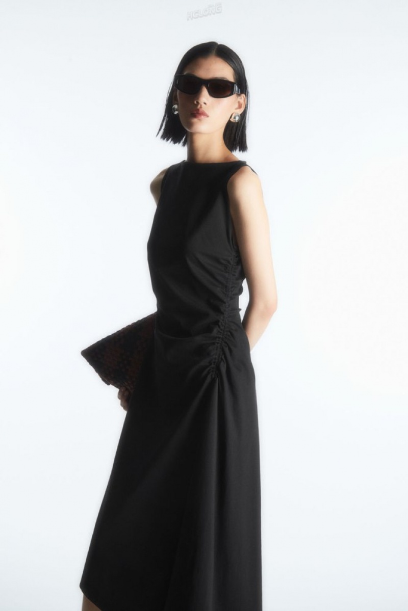 COS Asymmetric Gathered Midi Dress Women's Dresses Black | BT28-P7RE