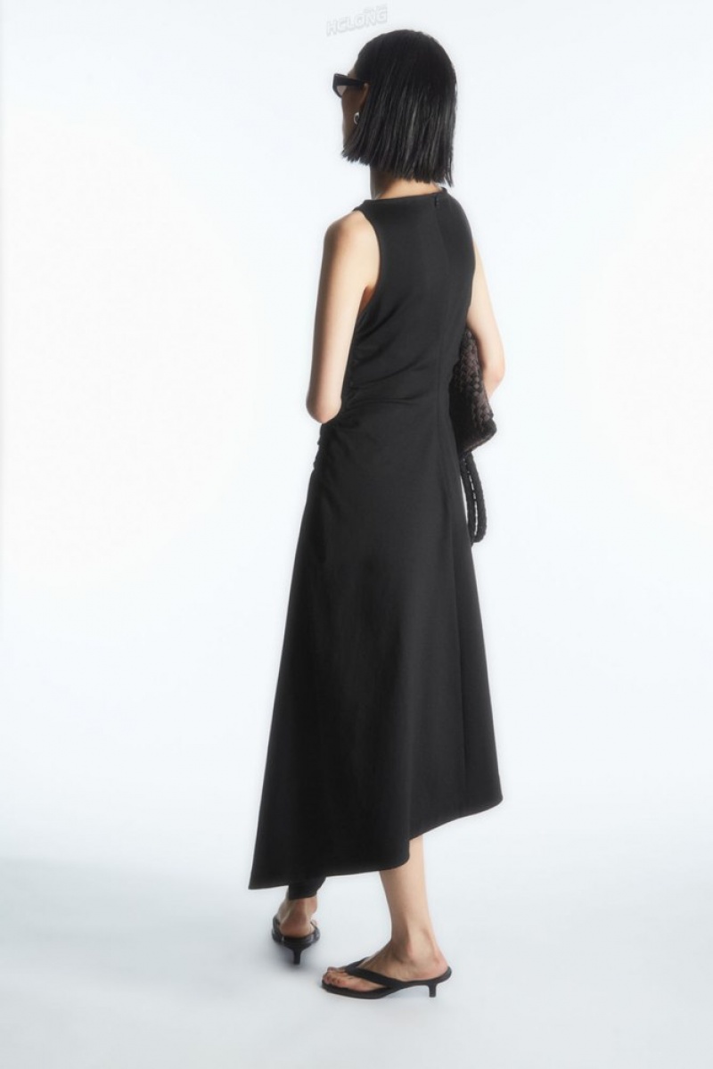 COS Asymmetric Gathered Midi Dress Women's Dresses Black | BT28-P7RE