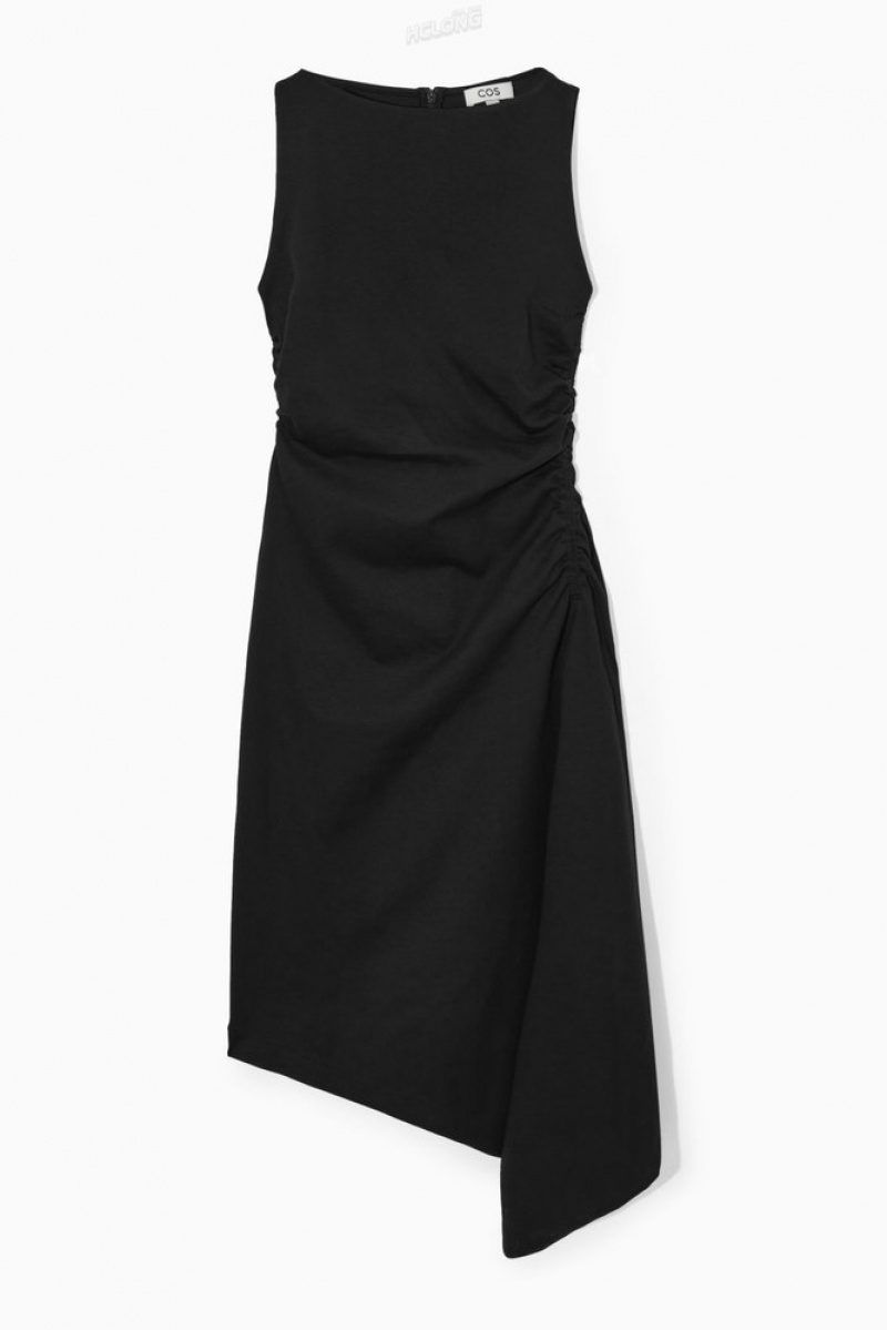 COS Asymmetric Gathered Midi Dress Women's Dresses Black | BT28-P7RE