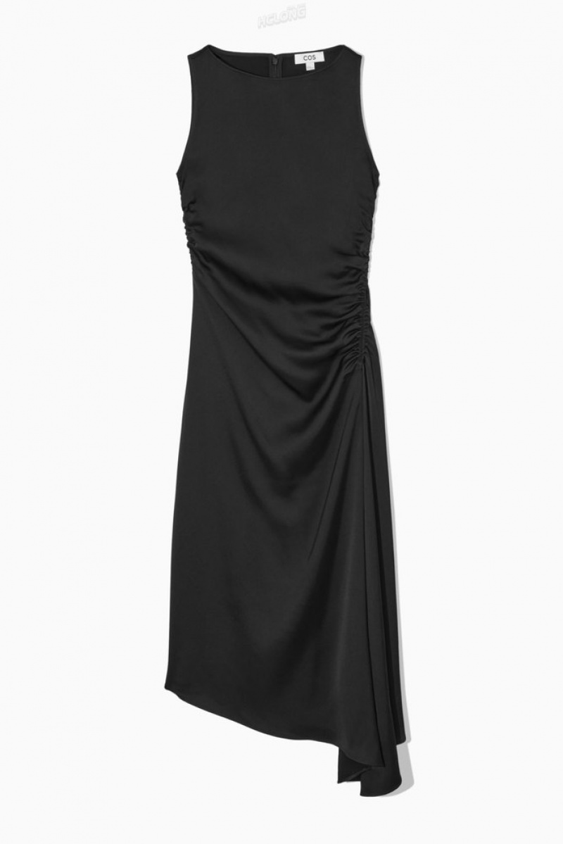 COS Asymmetric Gathered Satin Midi Dress Women's Dresses Black | KD78-E3FB