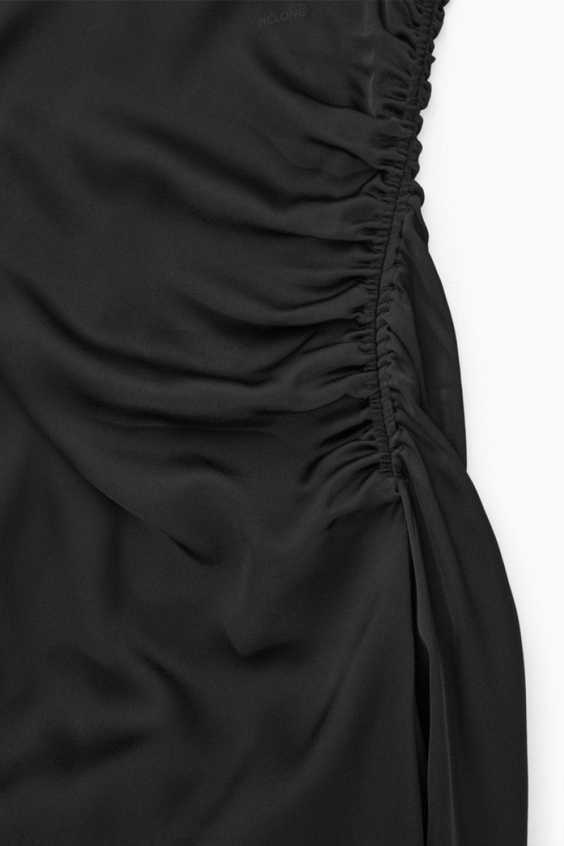 COS Asymmetric Gathered Satin Midi Dress Women's Dresses Black | KD78-E3FB