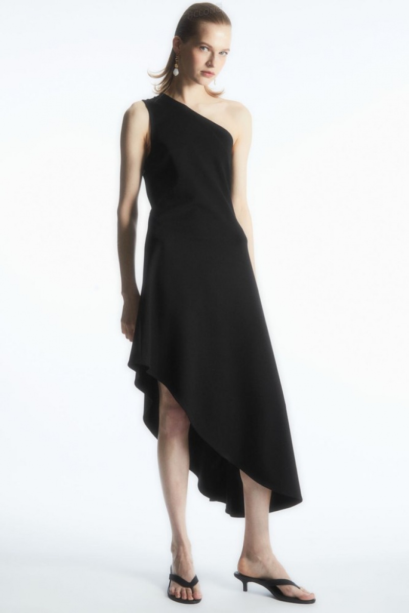 COS Asymmetric One-Shoulder Midi Dress Women's Dresses Black | QE00-J0VR