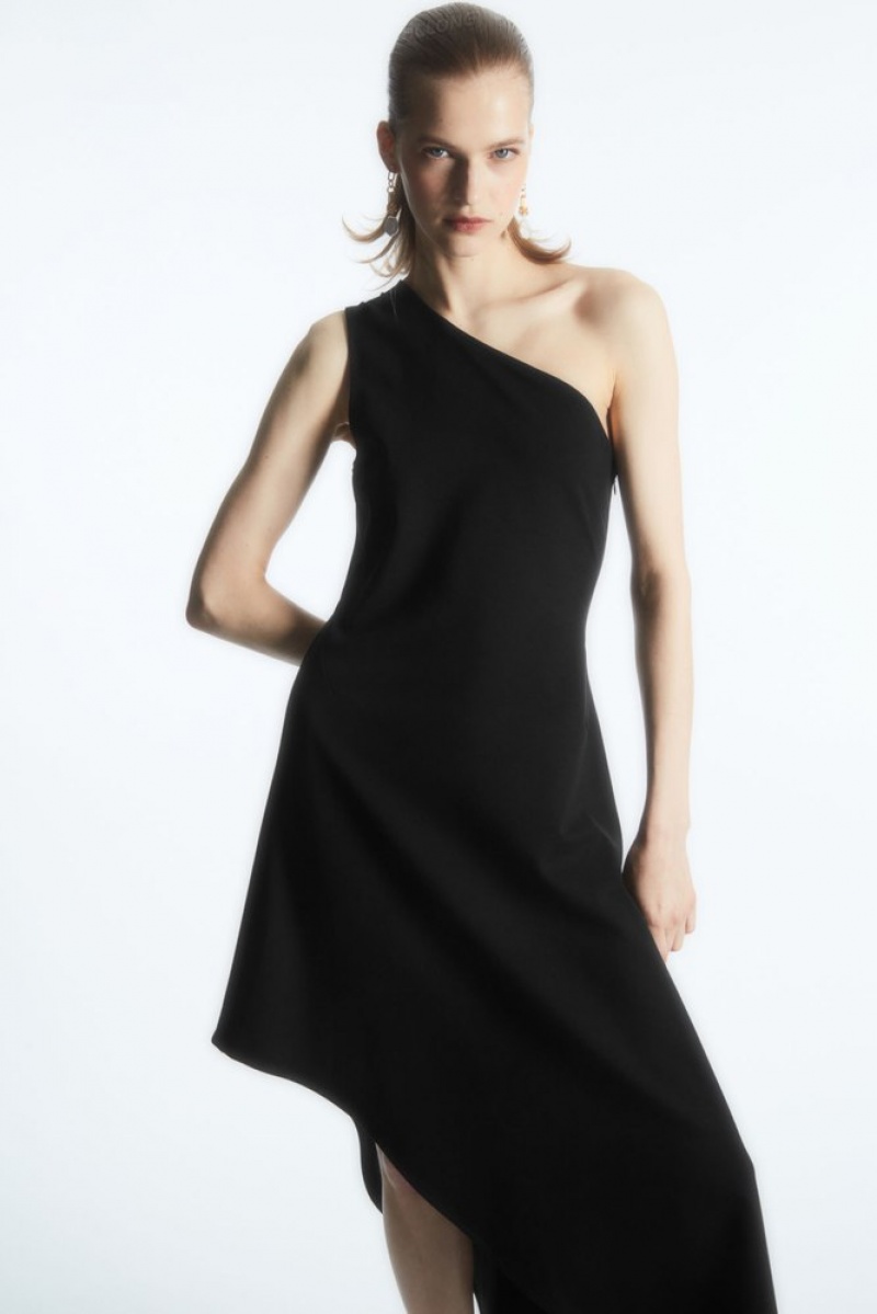 COS Asymmetric One-Shoulder Midi Dress Women's Dresses Black | QE00-J0VR