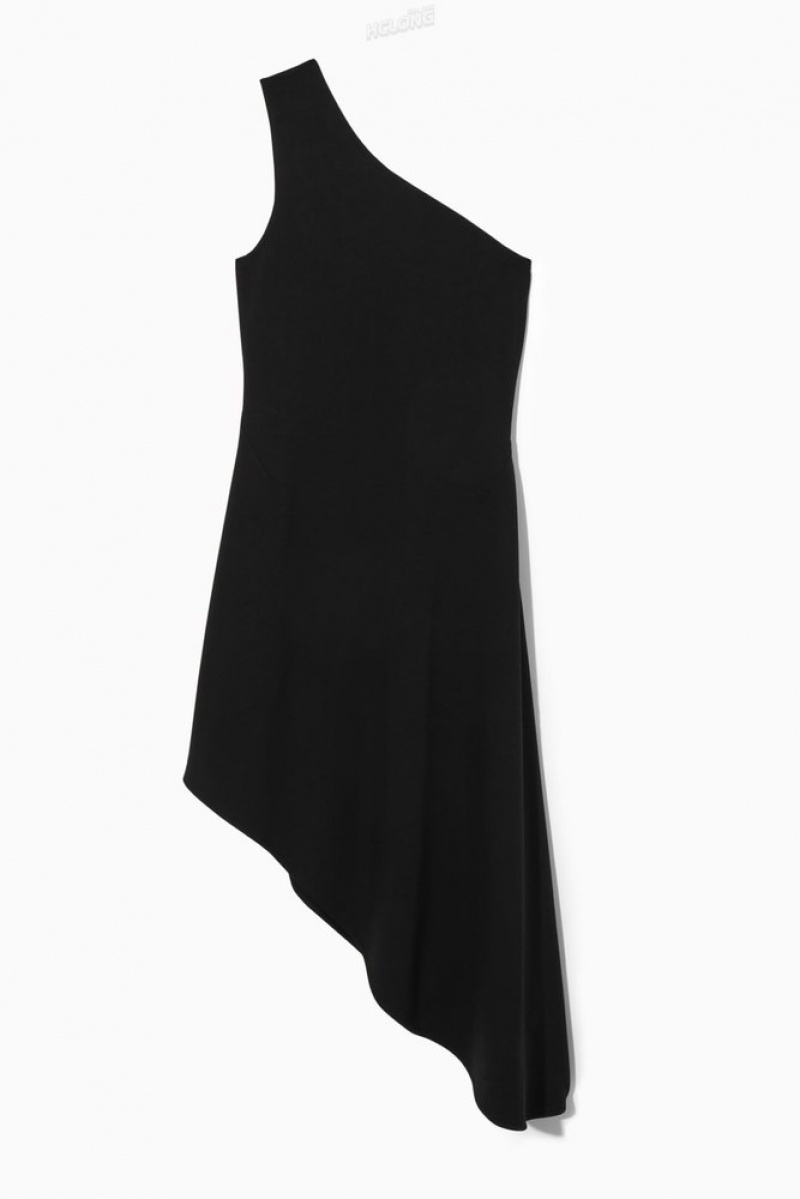 COS Asymmetric One-Shoulder Midi Dress Women's Dresses Black | QE00-J0VR