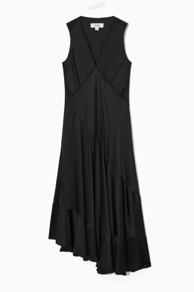 COS Asymmetric Satin Midi Dress Women's Dresses Black | OK91-N7ZF