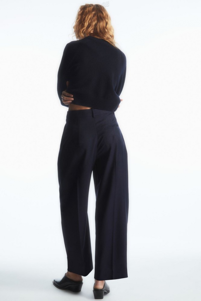 COS Barrel-Leg Wool Pants Women's Pants Navy | WZ57-I5TY