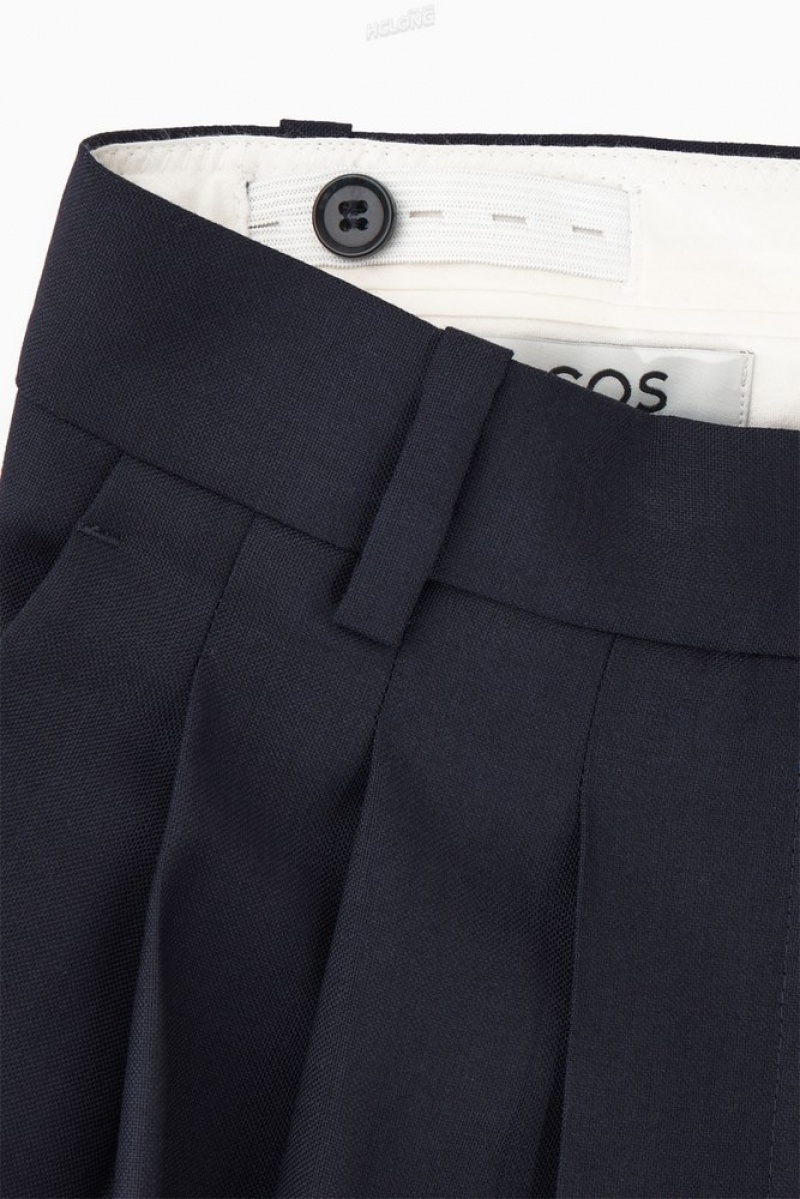 COS Barrel-Leg Wool Trousers Women's Trousers Navy | WW37-C1SM