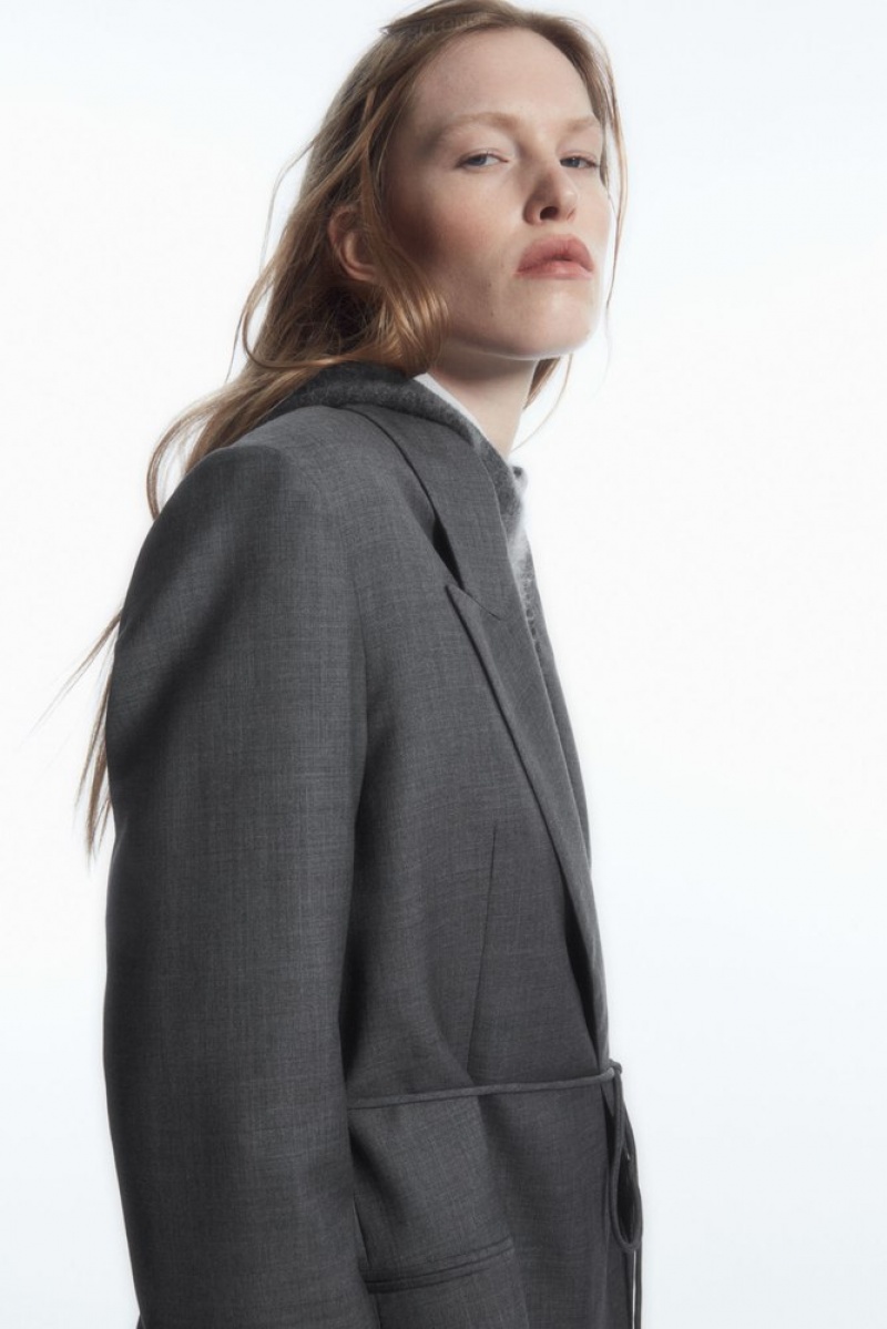 COS Belted Double-Breasted Wool Blazer Women's Blazers & Tailoring Gray | IU71-C7RE