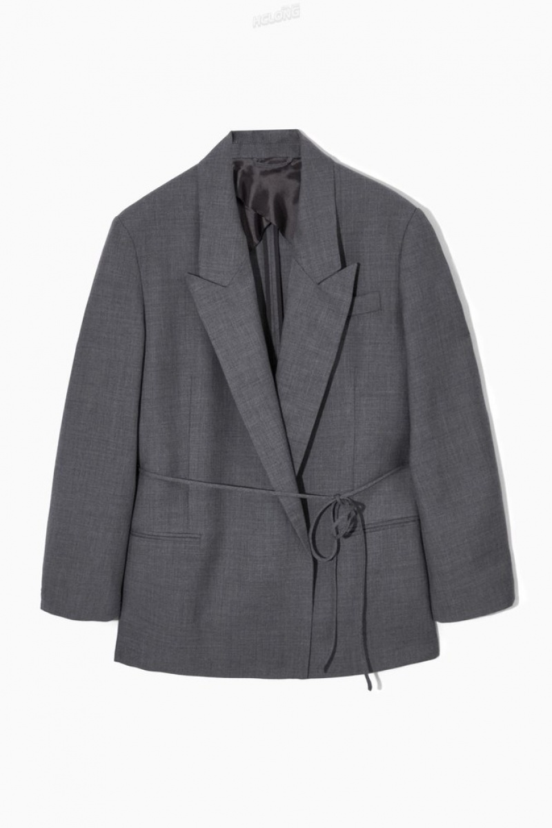 COS Belted Double-Breasted Wool Blazer Women's Blazers & Tailoring Gray | IU71-C7RE