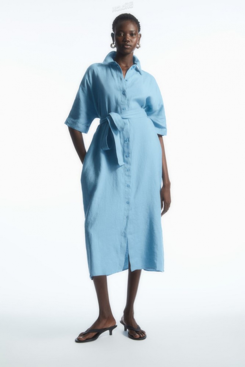 COS Belted Linen Shirt Dress Women's Dresses Light Blue | BU78-S7MG