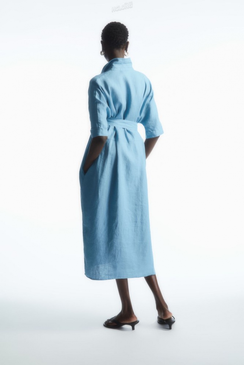 COS Belted Linen Shirt Dress Women's Dresses Light Blue | BU78-S7MG