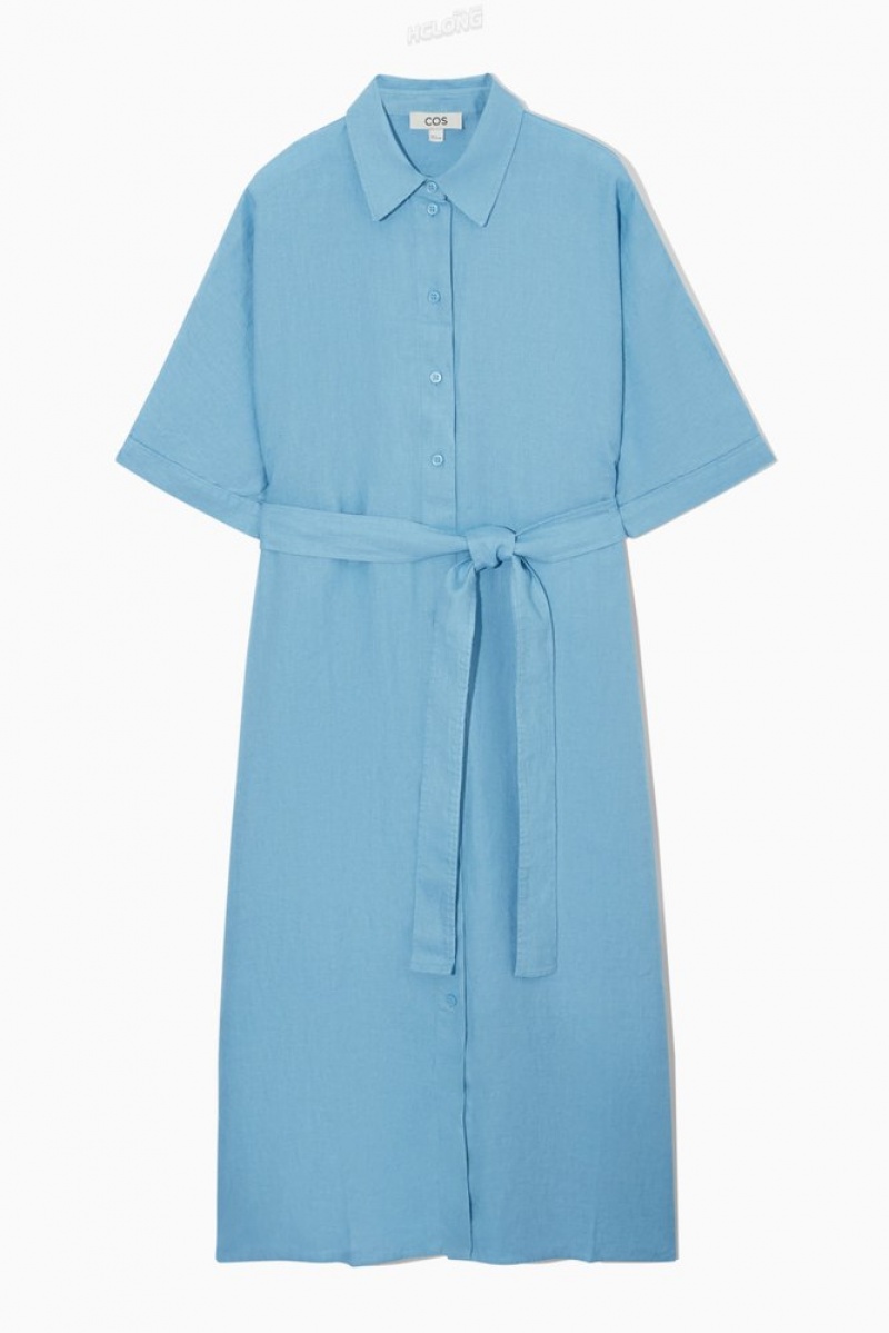 COS Belted Linen Shirt Dress Women's Dresses Light Blue | BU78-S7MG