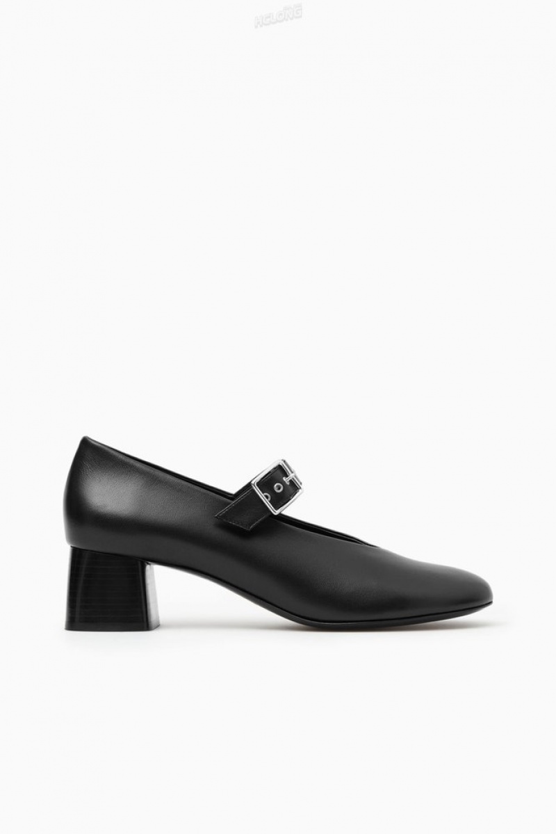 COS Block-Heel Leather Mary-Jane Pumps Women's Pumps Black | IU68-Q5UF