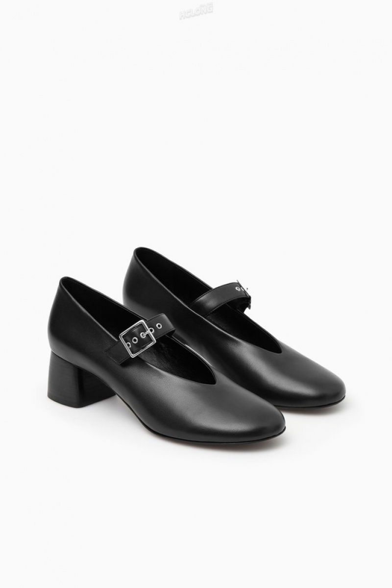 COS Block-Heel Leather Mary-Jane Pumps Women's Pumps Black | IU68-Q5UF