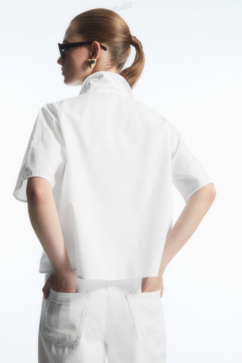 COS Boxy Short-Sleeved Poplin Shirt Women's Tops White | AV38-E4YJ