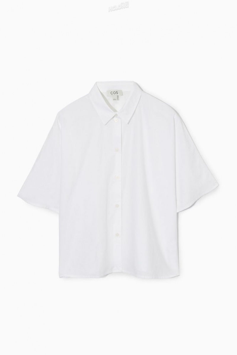 COS Boxy Short-Sleeved Poplin Shirt Women's Tops White | AV38-E4YJ