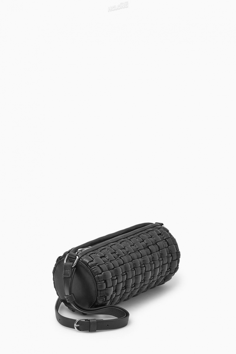 COS Braided Barrel Shoulder Bag - Leather Women's Bags Black | ZZ16-R1CX