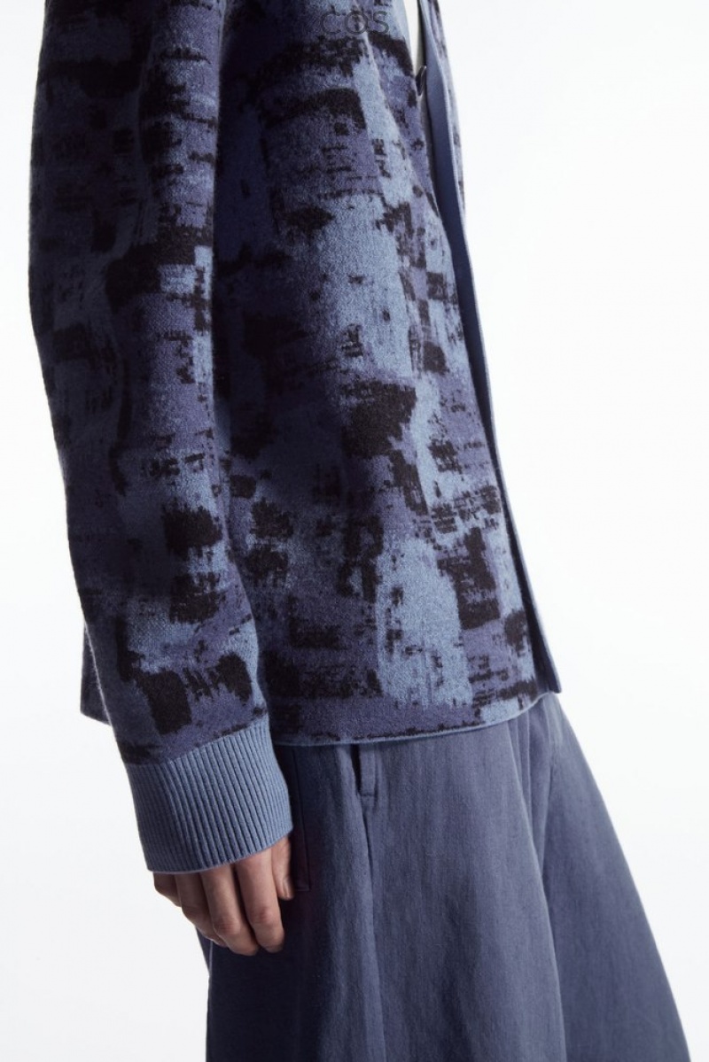 COS Brushstroke-Jacquard Wool Cardigan Men's Knitwear Blue / Black | JD44-U2JD