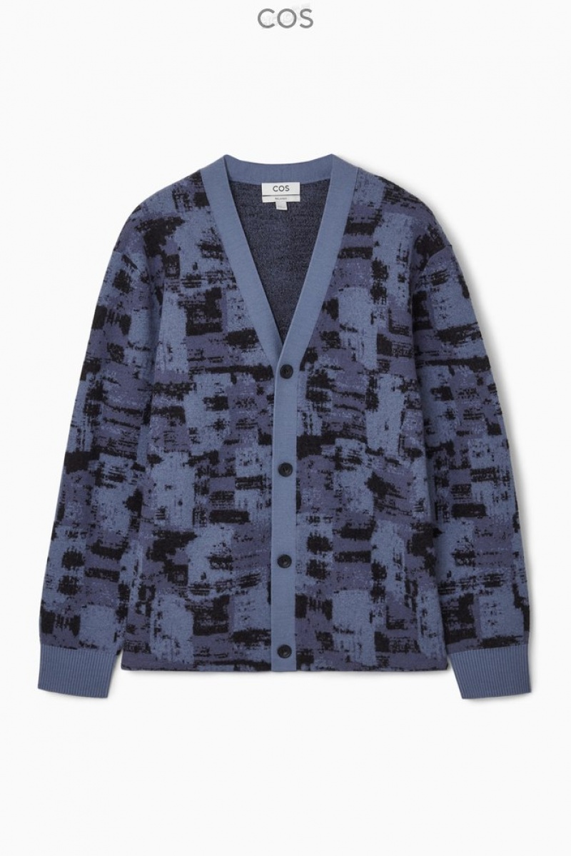 COS Brushstroke-Jacquard Wool Cardigan Men's Knitwear Blue / Black | JD44-U2JD