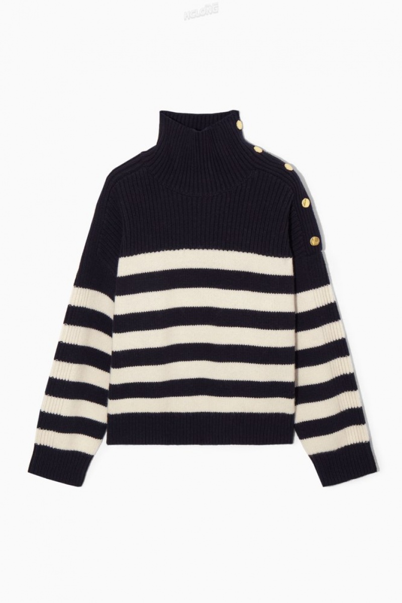 COS Button-Embellished Striped Wool Jumper Women's Knitwear & Cardigans Navy | XL47-K3EE