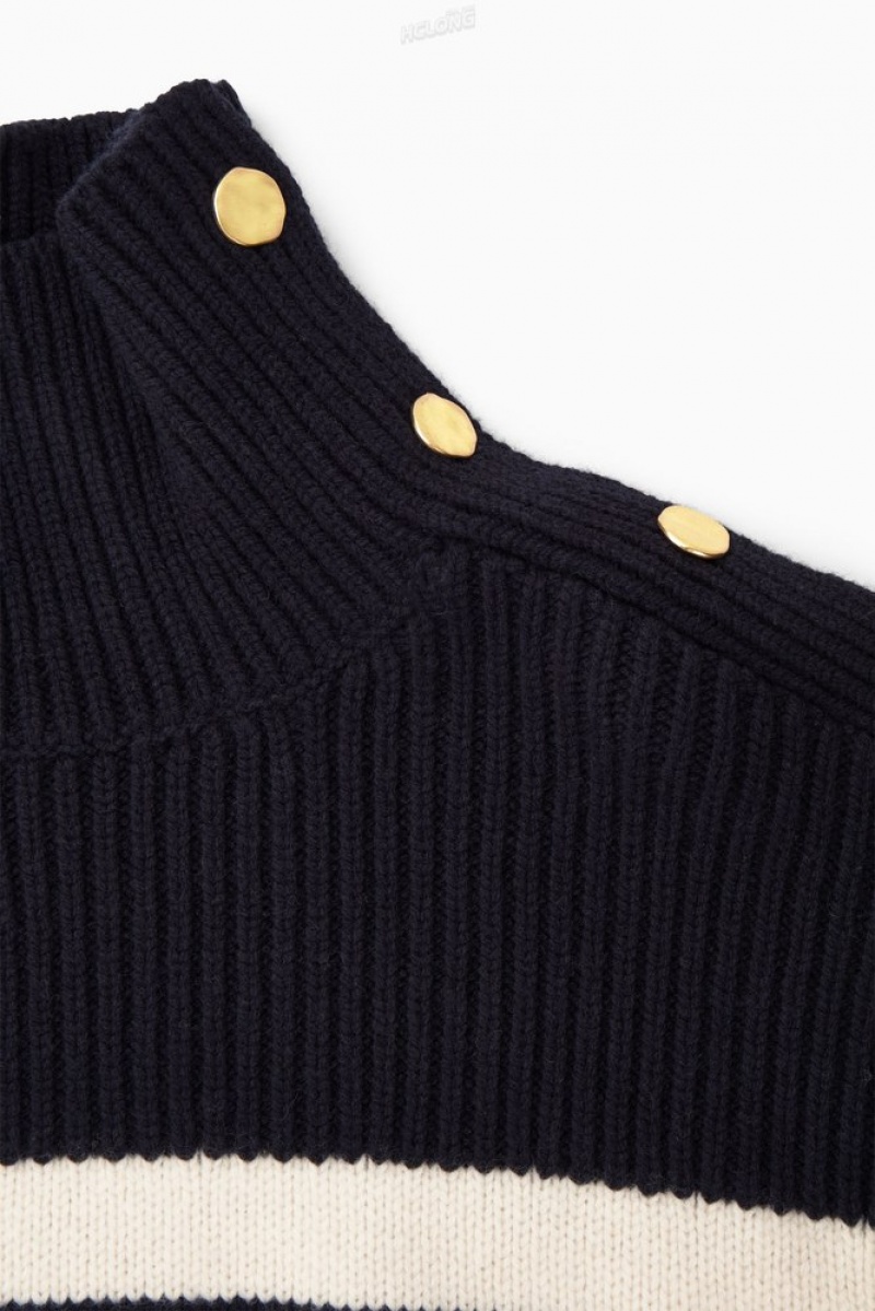 COS Button-Embellished Striped Wool Jumper Women's Knitwear & Cardigans Navy | XL47-K3EE