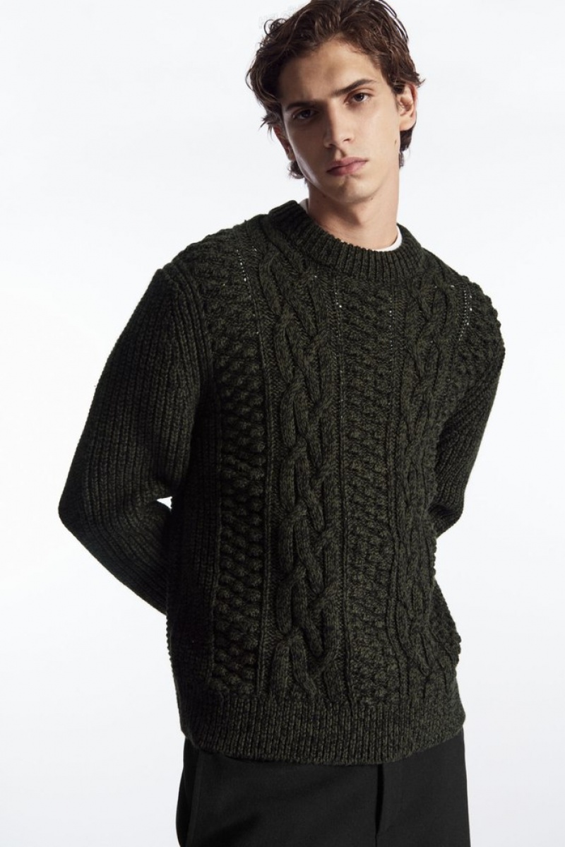 COS Cable-Knit Wool Jumper Men's Knitwear Dark Green | GI51-M0OZ