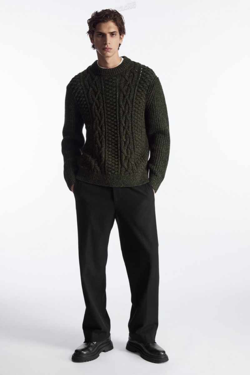 COS Cable-Knit Wool Jumper Men's Knitwear Dark Green | GI51-M0OZ