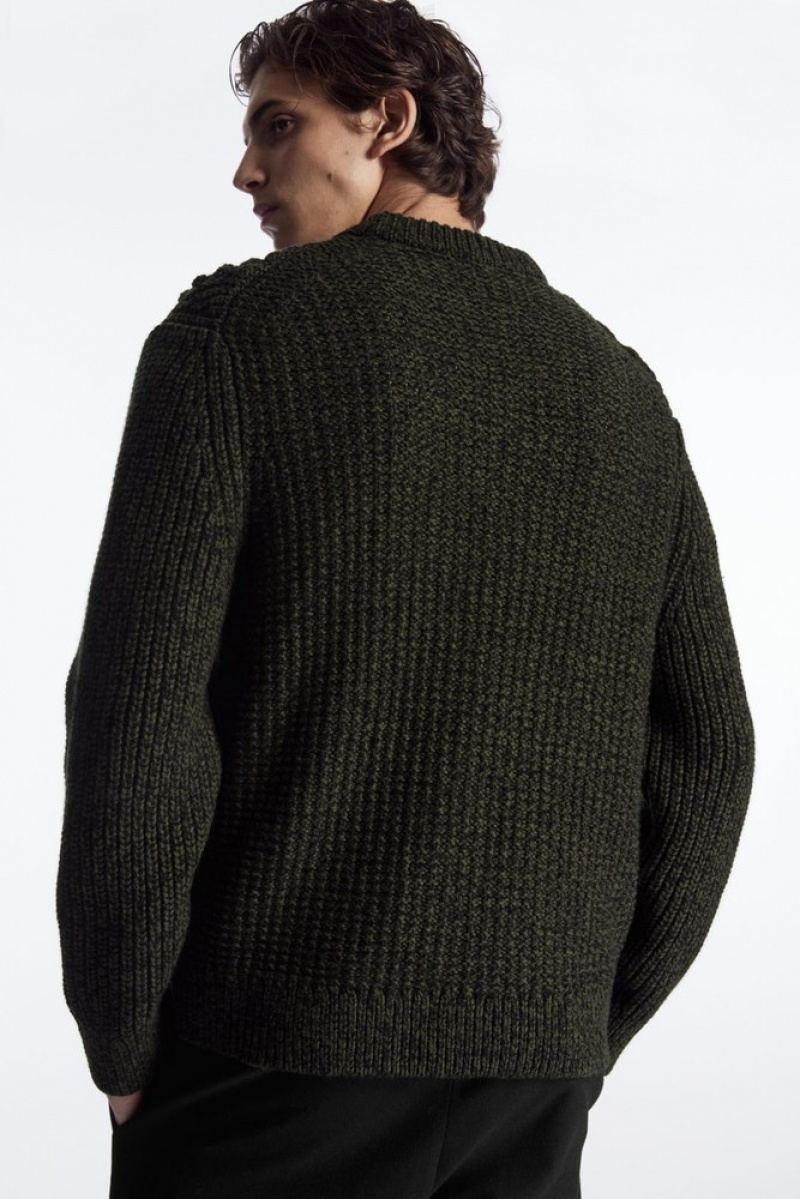 COS Cable-Knit Wool Jumper Men's Knitwear Dark Green | GI51-M0OZ