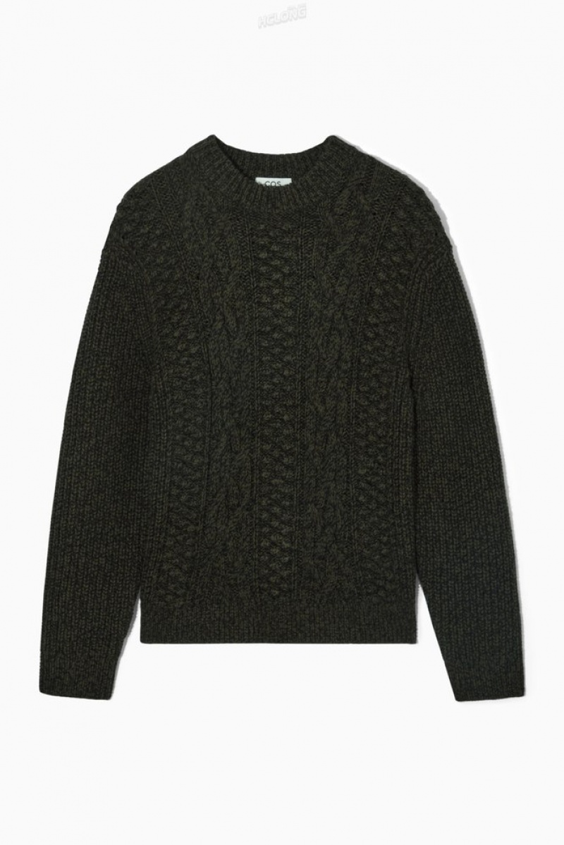 COS Cable-Knit Wool Jumper Men's Knitwear Dark Green | GI51-M0OZ