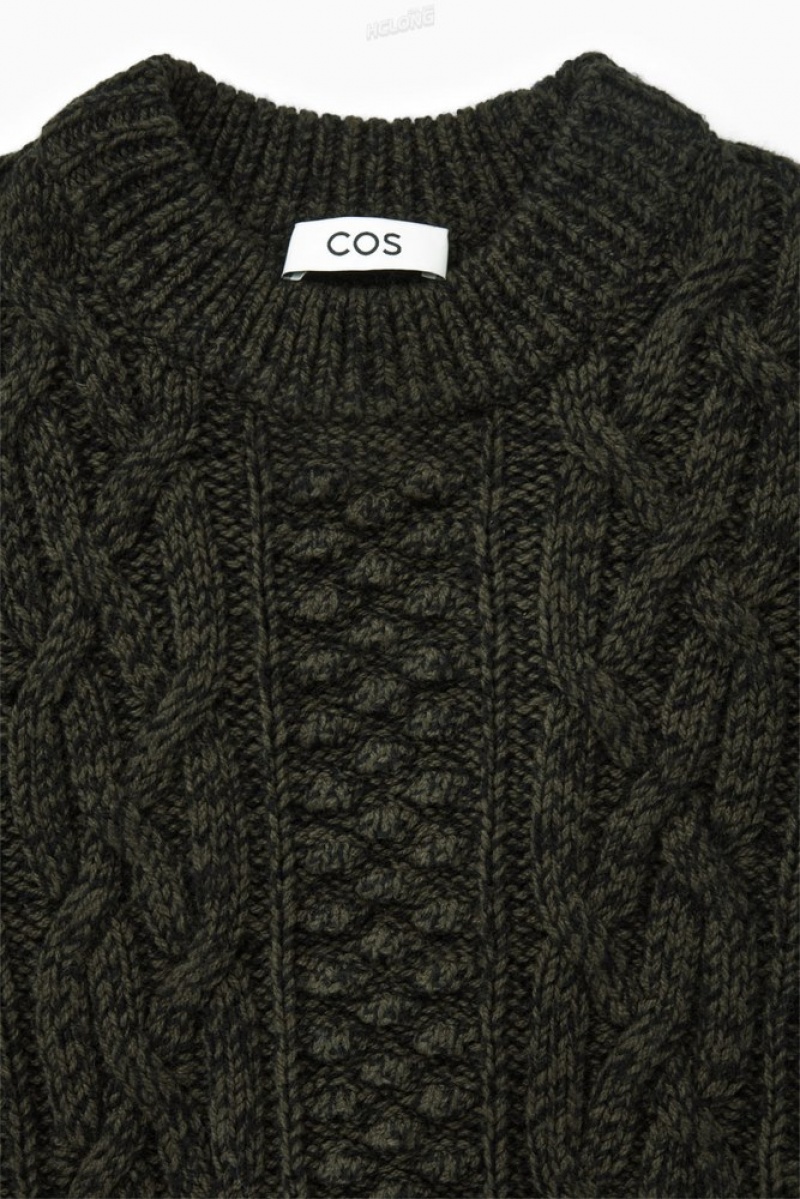 COS Cable-Knit Wool Jumper Men's Knitwear Dark Green | GI51-M0OZ