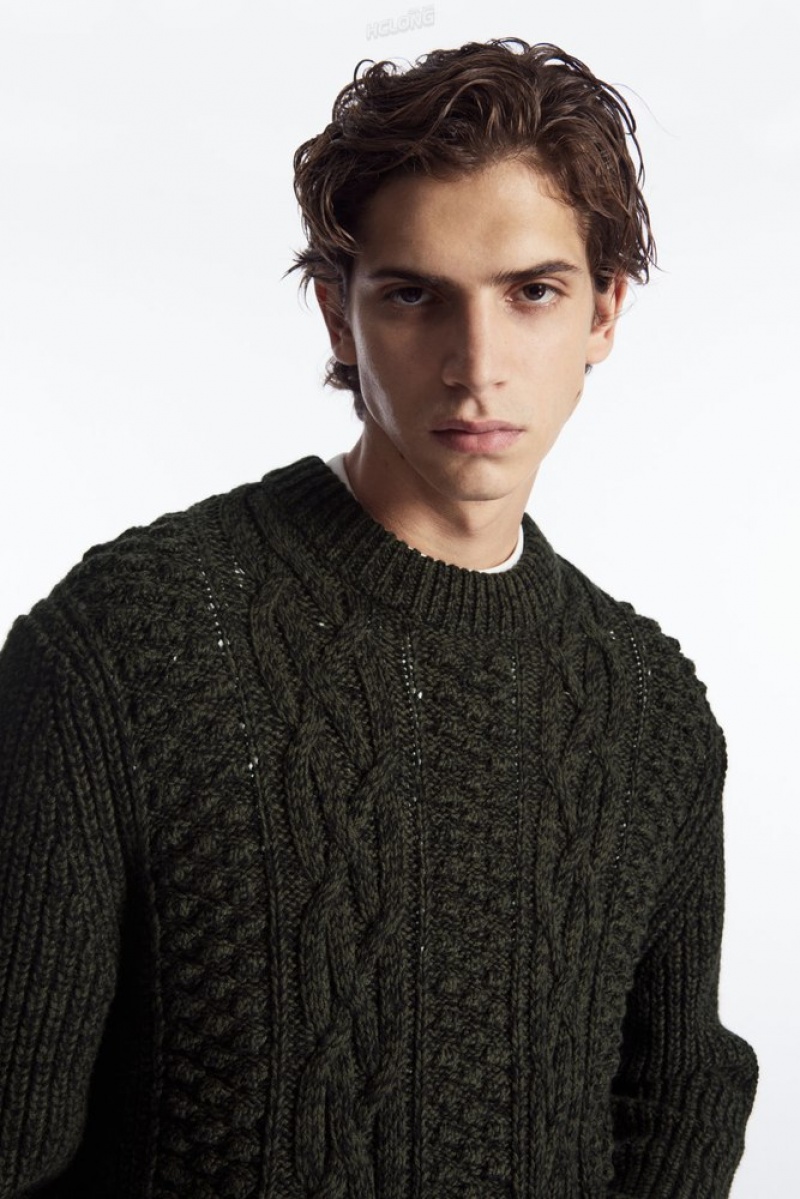 COS Cable-Knit Wool Jumper Men\'s Knitwear Dark Green | GI51-M0OZ