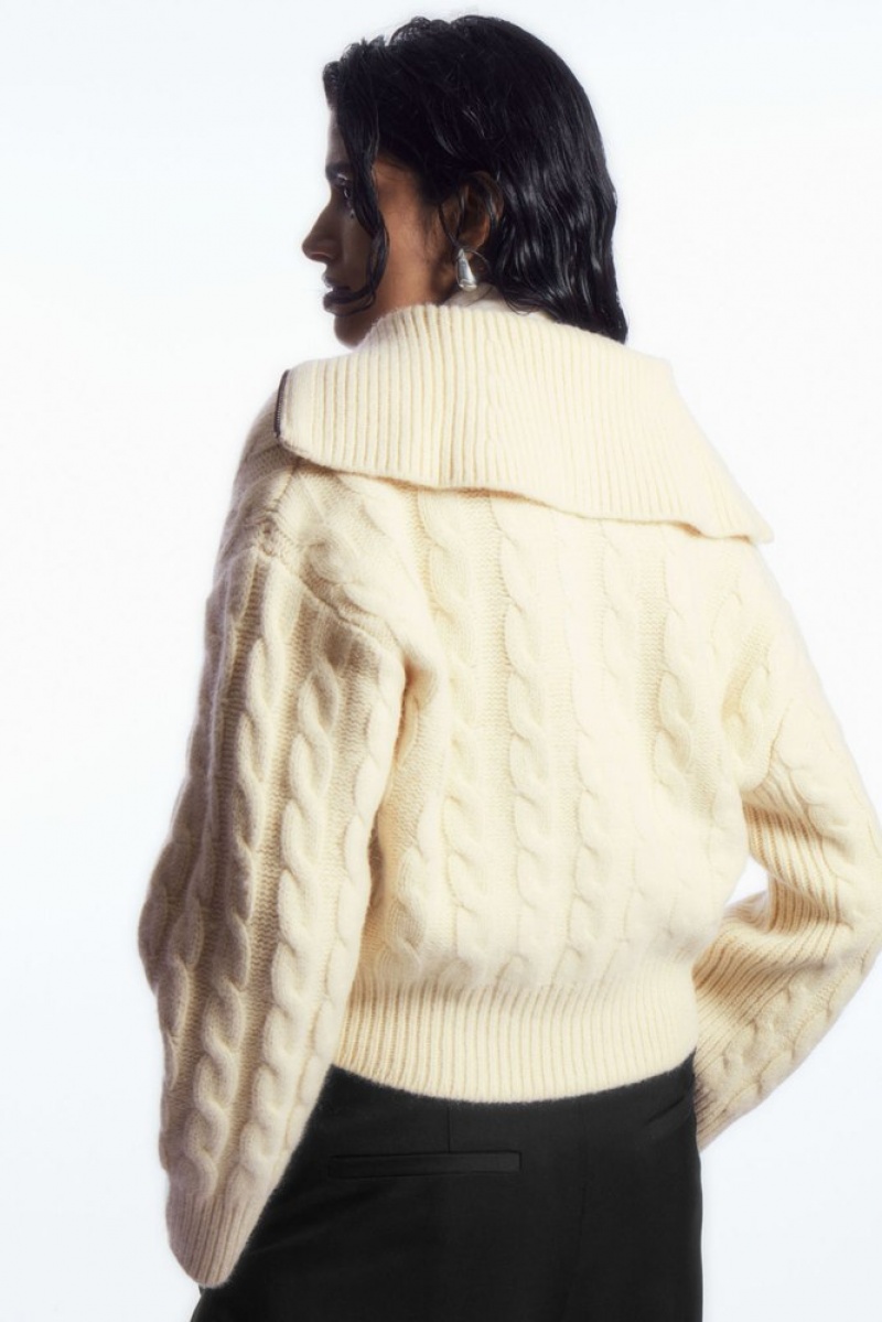 COS Cable-Knit Wool Zip-Up Jacket Women's Sweaters & Cardigans Cream | VN35-L9ZV