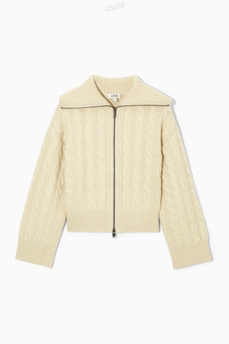 COS Cable-Knit Wool Zip-Up Jacket Women's Sweaters & Cardigans Cream | VN35-L9ZV