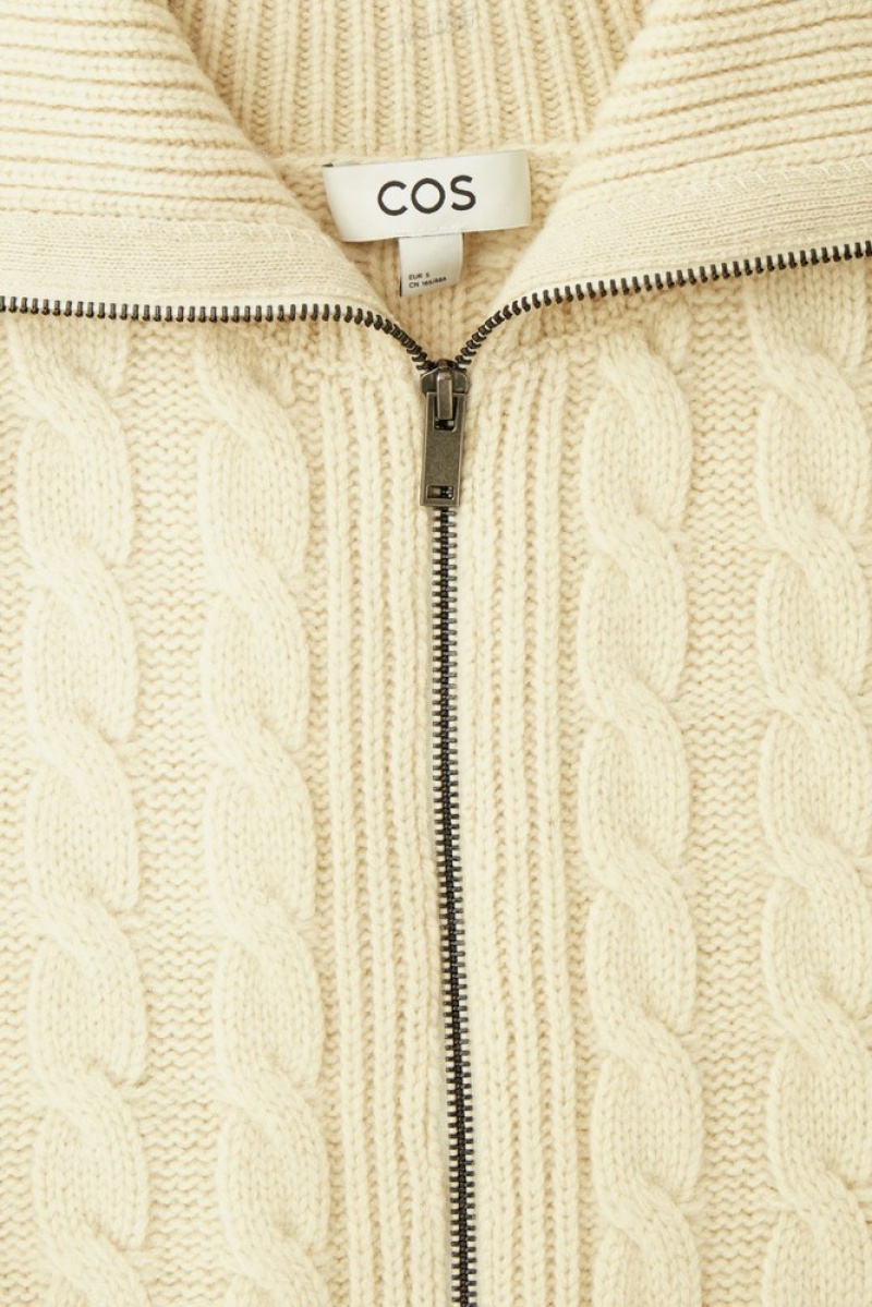 COS Cable-Knit Wool Zip-Up Jacket Women's Sweaters & Cardigans Cream | VN35-L9ZV