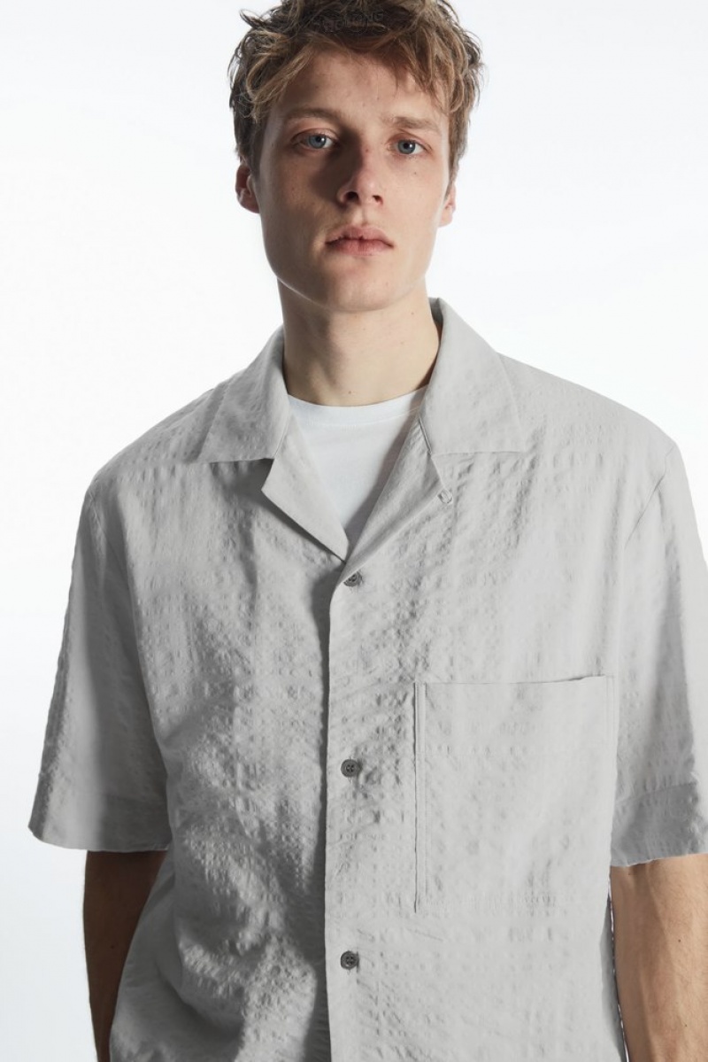 COS Camp-Collar Seersucker Shirt Men's Shirts Light Grey | OM06-C0LZ