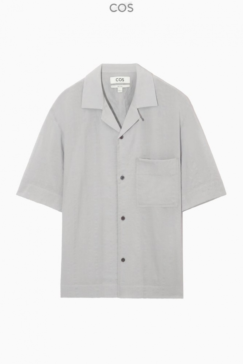 COS Camp-Collar Seersucker Shirt Men's Shirts Light Grey | OM06-C0LZ