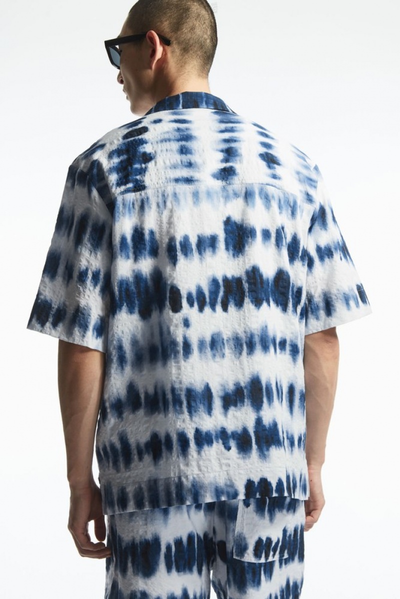 COS Camp-Collar Seersucker Shirt Men's Shirts White / Blue / Printed | OT62-A3ZP